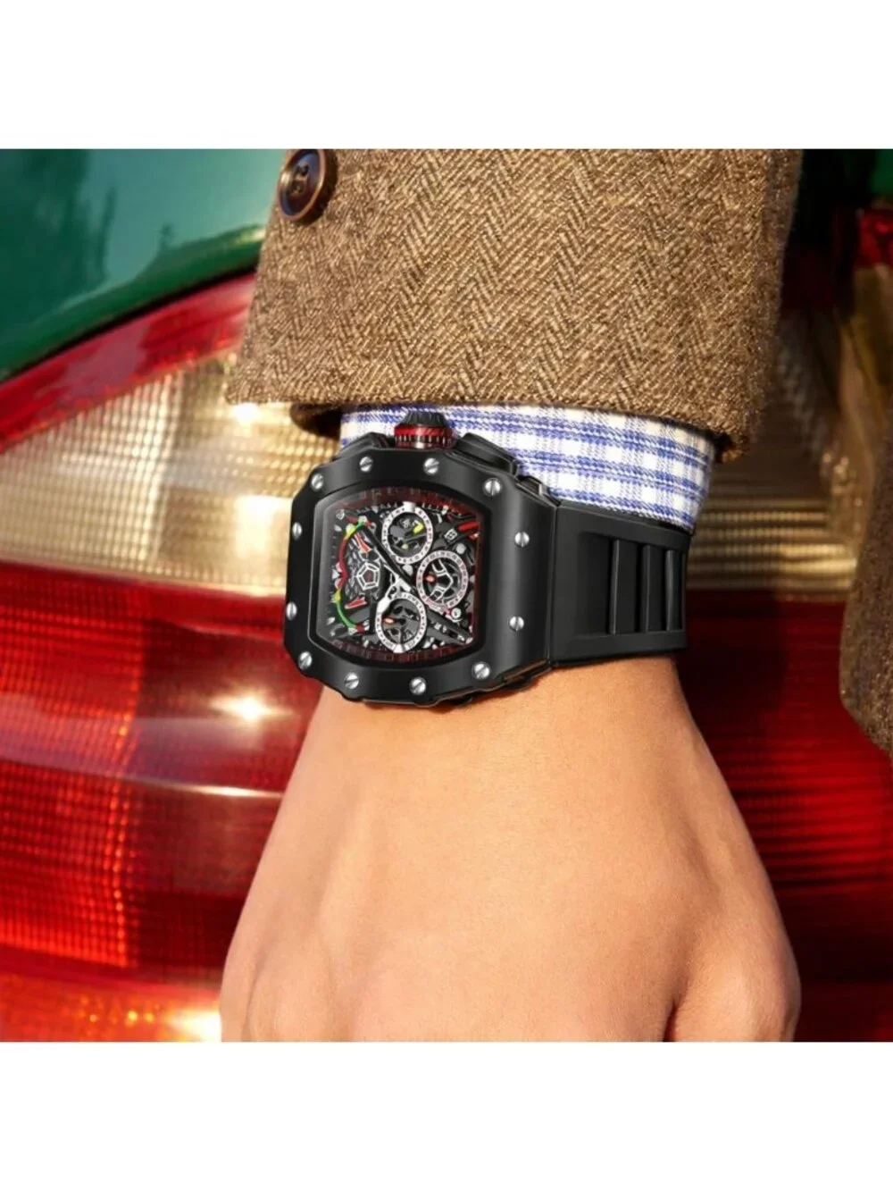 Stylish Men's Skeleton Chronograph Watch with Big Face & Silicone Strap, 30M